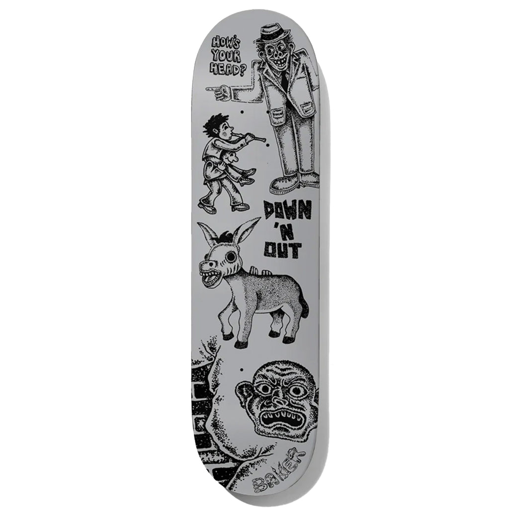 A BAKER skateboard with a bunch of stickers on it, specifically the BAKER JACOPO STOP AND THINK.