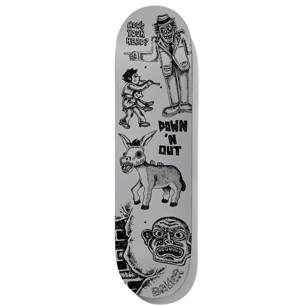 A BAKER skateboard with a bunch of stickers on it, specifically the BAKER JACOPO STOP AND THINK.