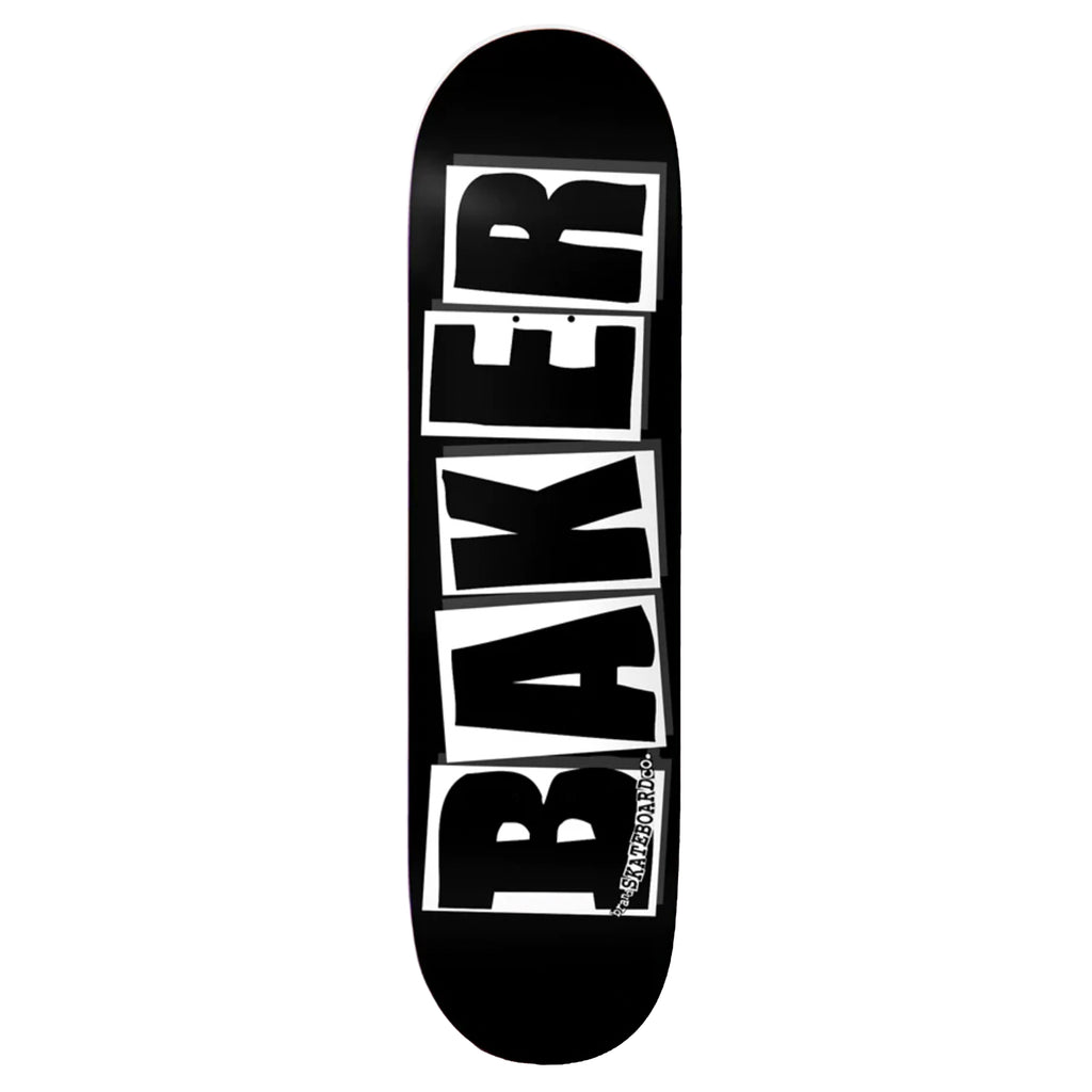 A Baker O.G. Logo Black/White skateboard with the brand name Baker on it.