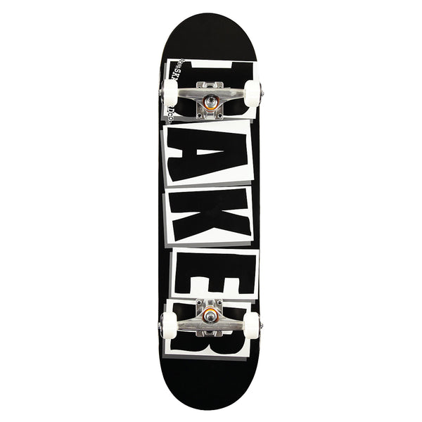 A skateboard with a white BAKER LOGO COMPLETE BLACK on it.