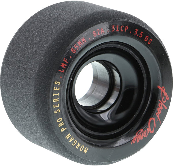 A close-up view of a BLOOD ORANGE MORGAN 65MM 82A BLACK longboard wheel, adorned with red and yellow text indicating specifications of 65MM, 82A, 31CP, and 3.5 OS. The word "Boost" is visible along with a hint of the signature BLOOD ORANGE hue.
