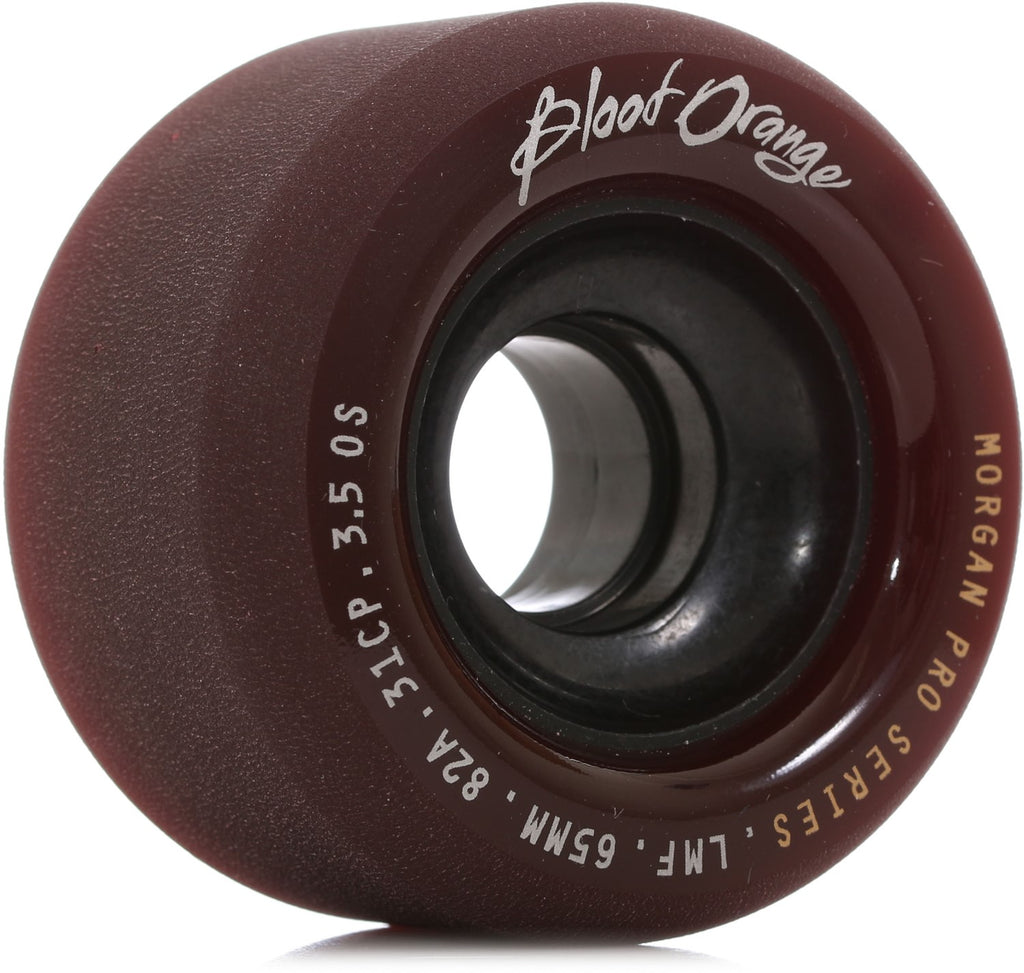 A close-up of a BLOOD ORANGE MORGAN 70MM 82A MIDNIGHT MAROON skateboard wheel with the text "Blood Orange" and "Morgan Pro Series" printed on it.