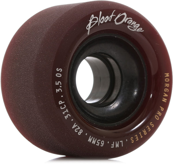 A close-up of a BLOOD ORANGE MORGAN 70MM 82A MIDNIGHT MAROON skateboard wheel with the text "Blood Orange" and "Morgan Pro Series" printed on it.