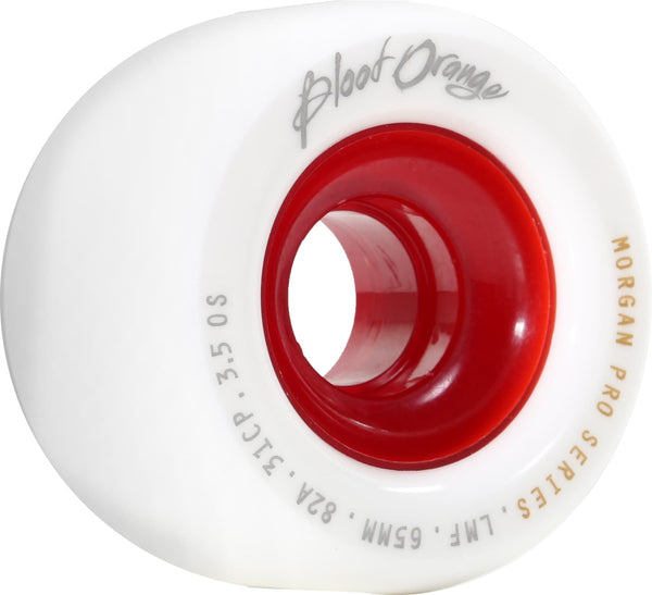 A white skateboard wheel with a red core, featuring the text "Blood Orange," "Morgan Pro Series," and specifications of "82A WHITE/RED," "70MM.