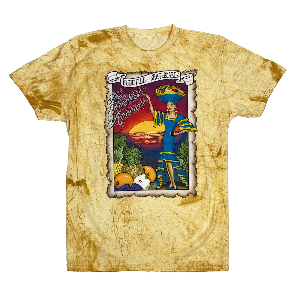 The BLUETILE TROPIC DAZE TEE CITRINE from Bluetile Skateboards features a vibrant picture printed on a high-quality t-shirt.