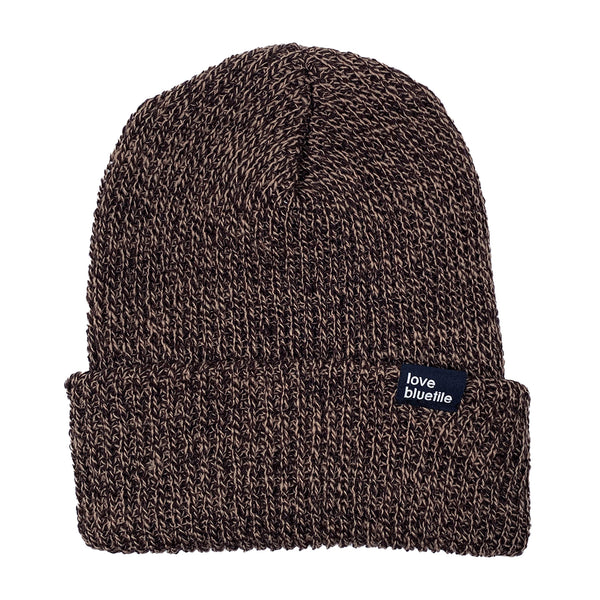 A BLUETILE Love Always Knit Beanie Dark Brown/Sand Marble with a blue label on it.
