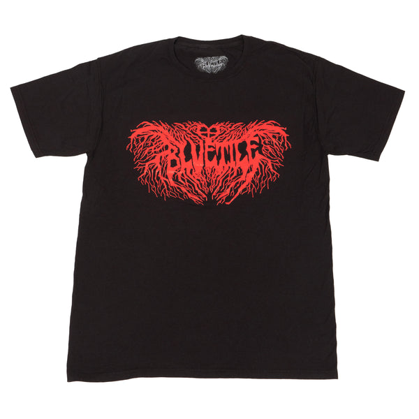A BLUETILE METAL TEE BLACK / RED with a red logo on it.