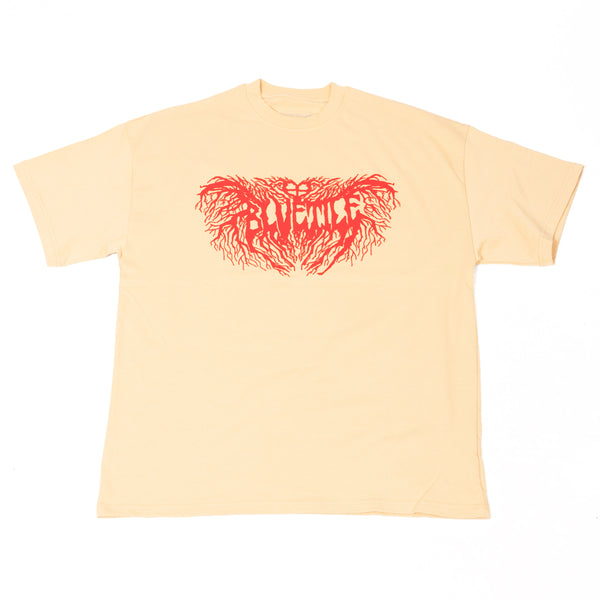 A Bluetile Skateboards BLUETILE METAL OVERSIZED TEE SAND, with a red design on it, made from custom-milled fabric.