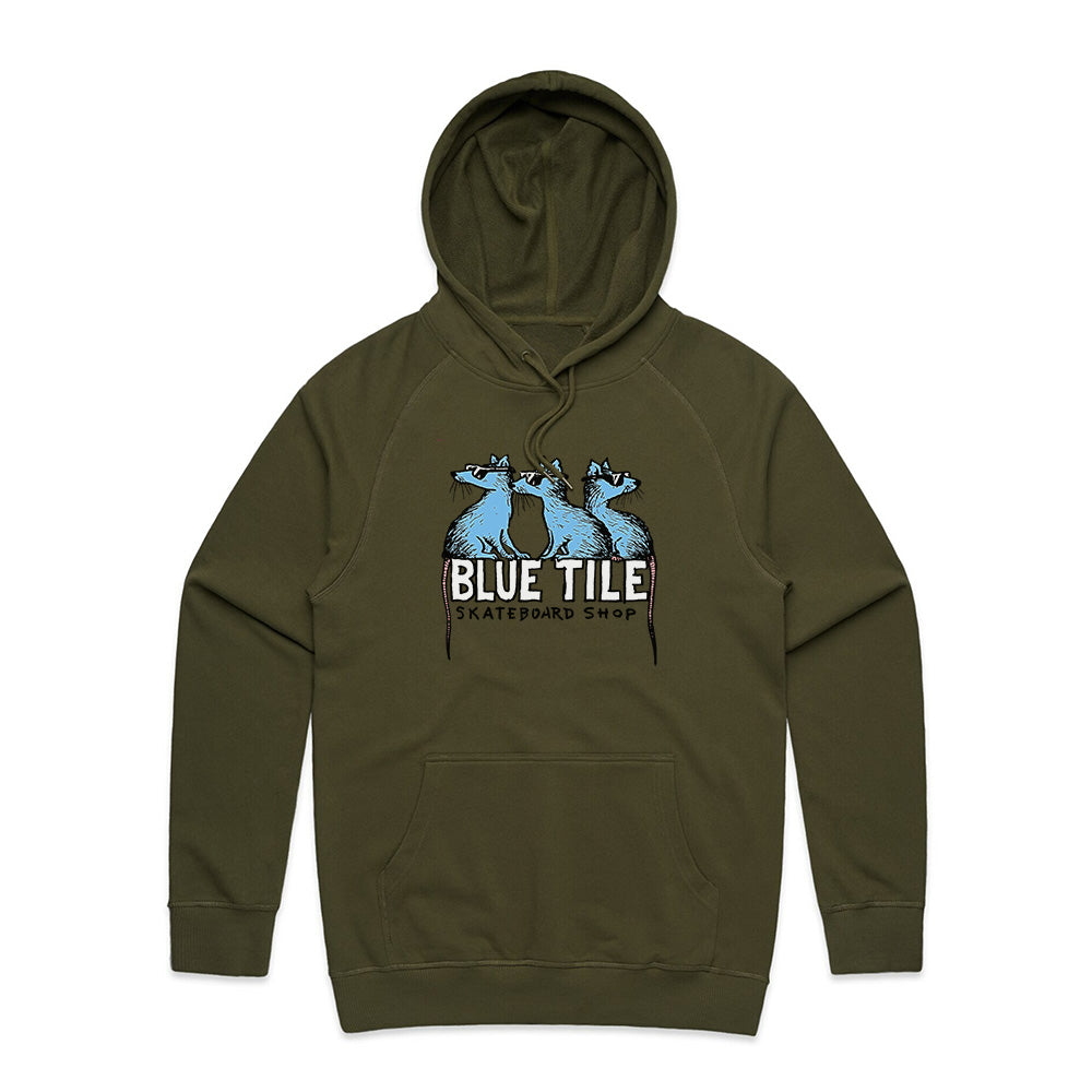 A Bluetile Skateboards premium hoodie featuring the word "bluetile" across the front, perfect for skate rats.