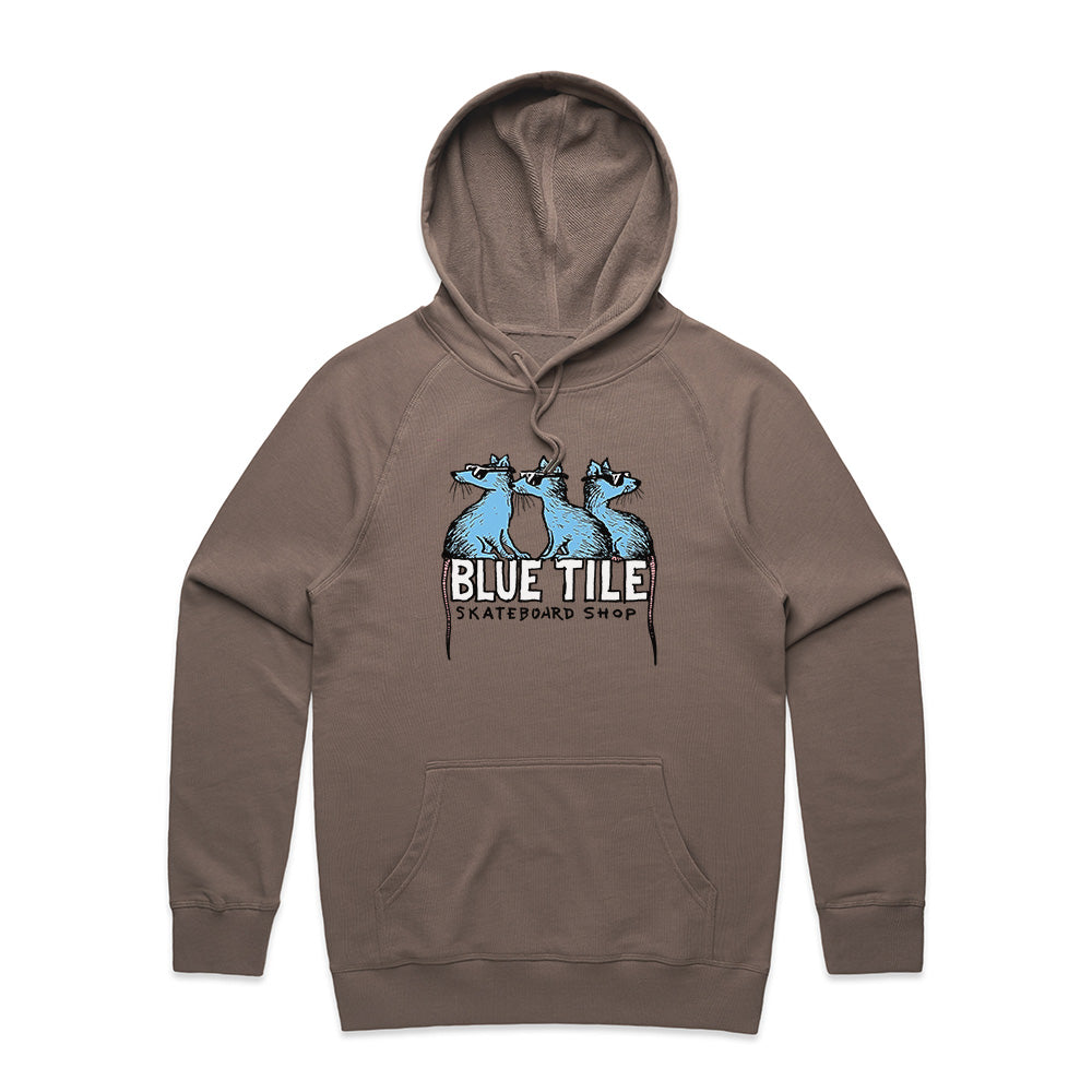 A Bluetile Skateboards Skate Rats Premium Hoodie Musk featuring the Bluetile logo on a brown background.