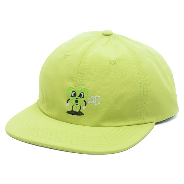 A BLUETILE green nylon 6 panel hat with a green heart embroidered on it.