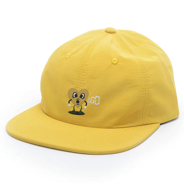 A BLUETILE SMOKE SQUARES NYLON 6 PANEL YELLOW hat with an elephant on it, made by Bluetile Skateboards.