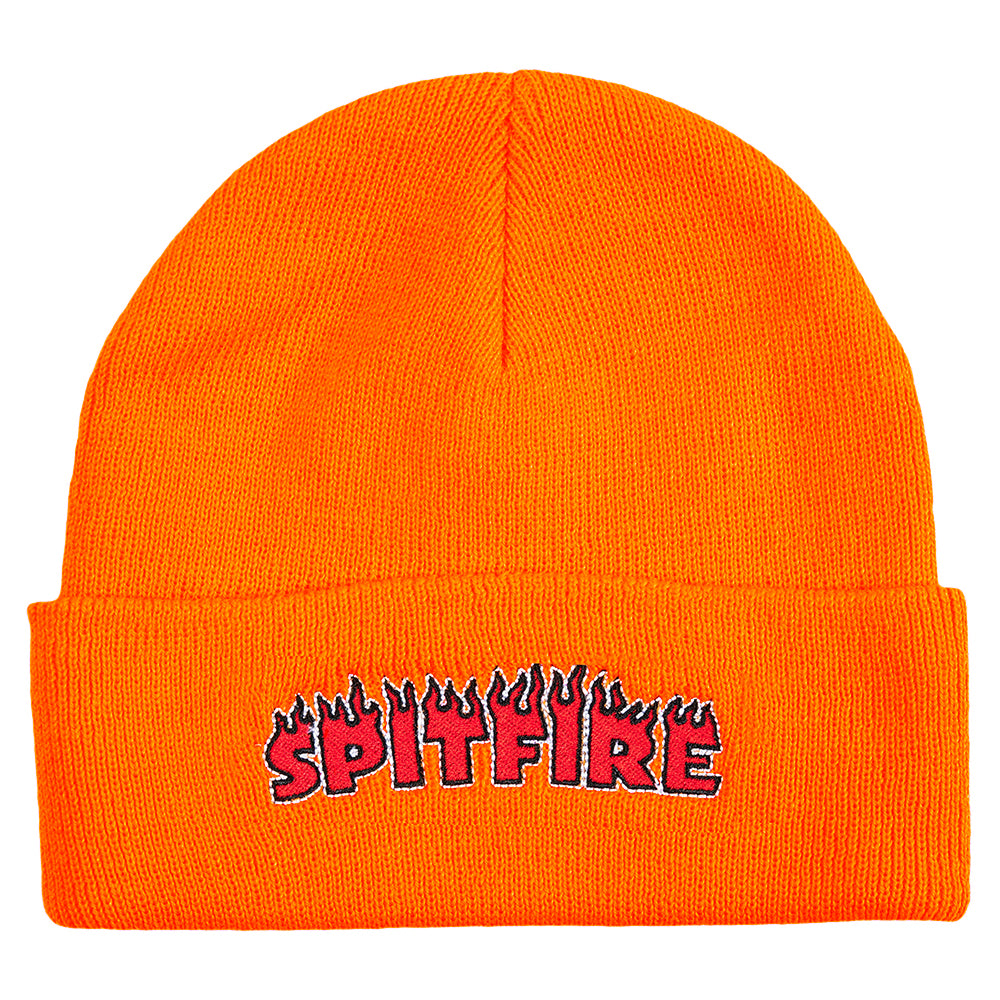 A SPITFIRE FLASH FIRE BEANIE ORANGE/RED with the word SPITFIRE on it.