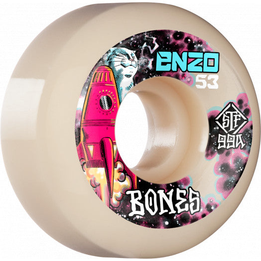 A white BONES skateboard wheel with an image of a clock tower.