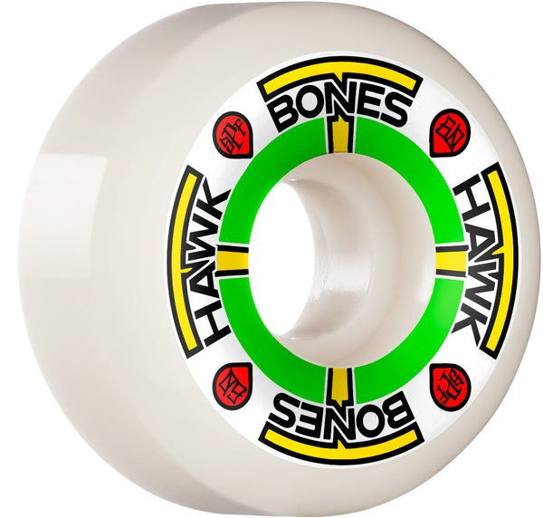 A BONES white skateboard wheel with a green center.