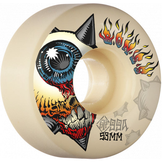 A BONES skateboard wheel with a picture of an owl on it.