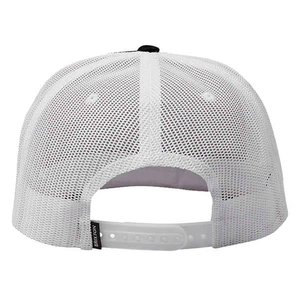The back of a BRIXTON WILLIE NELSON SHOTGUN TRUCKER HAT BLACK / WHITE.