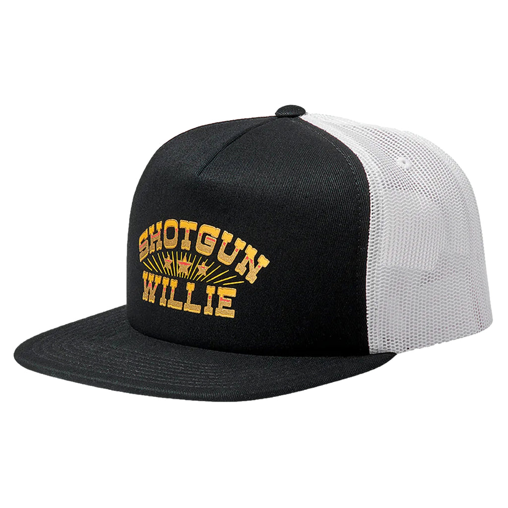 A BRIXTON black and white hat with the words Shotgun Willie on it.