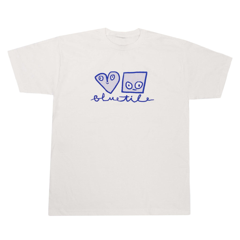 A BLUETILE X SPINA CURSIVE LOGO TEE WHITE from Bluetile Skateboards with a blue heart on it.
