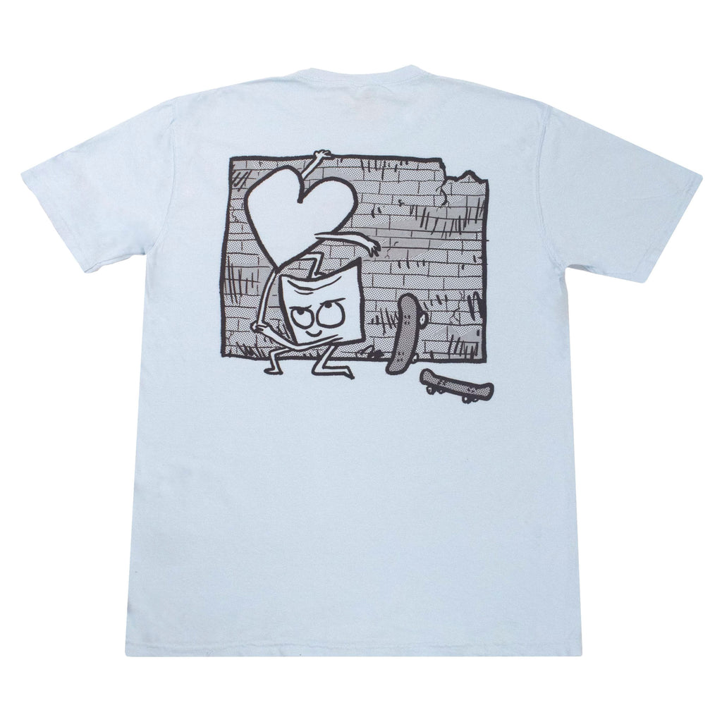 A Bluetile Skateboards skateboard-themed t-shirt featuring a heart design.