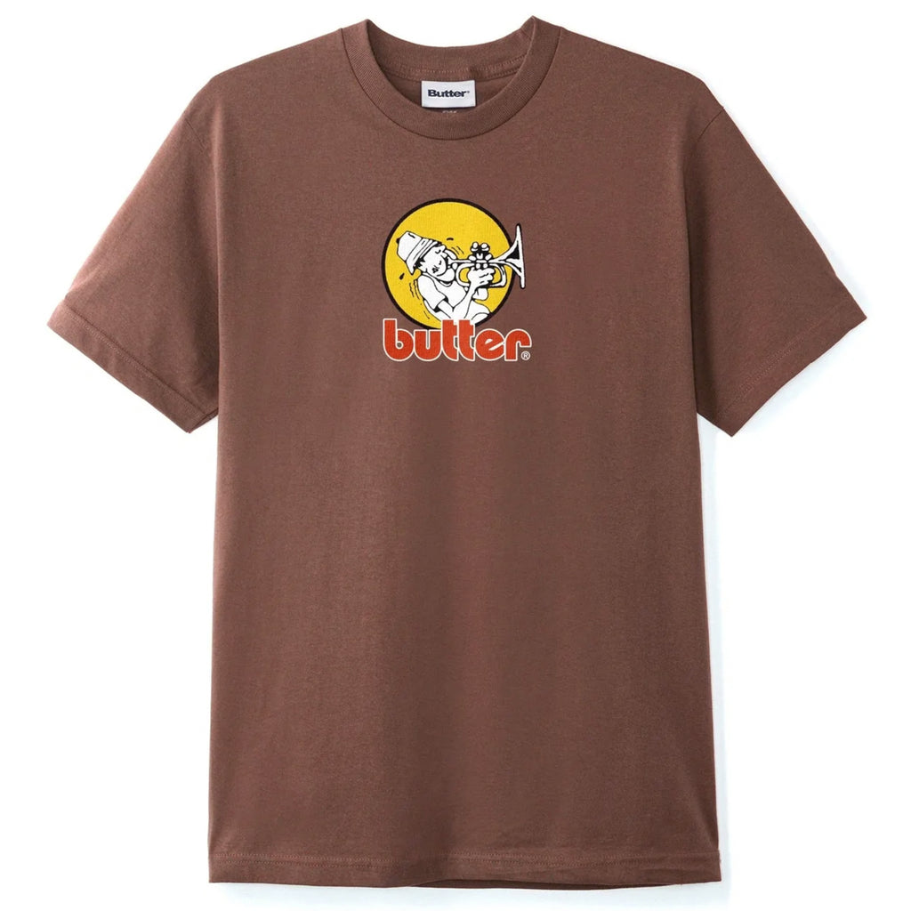 A Butter Goods brown t-shirt with the word BUTTER printed on it.