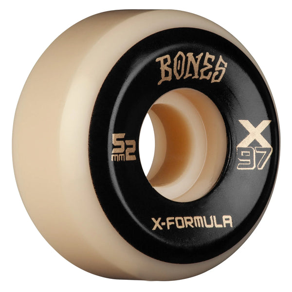A white and black BONES skateboard wheel with a black center.