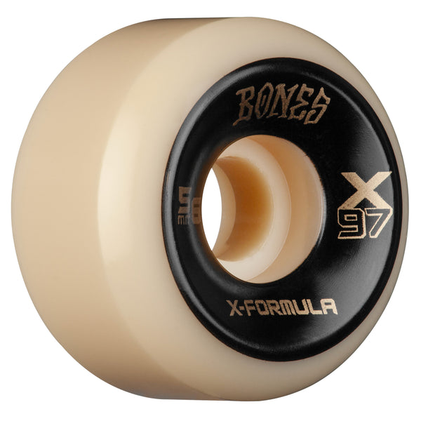 a white BONES skateboard wheel with black and gold lettering.