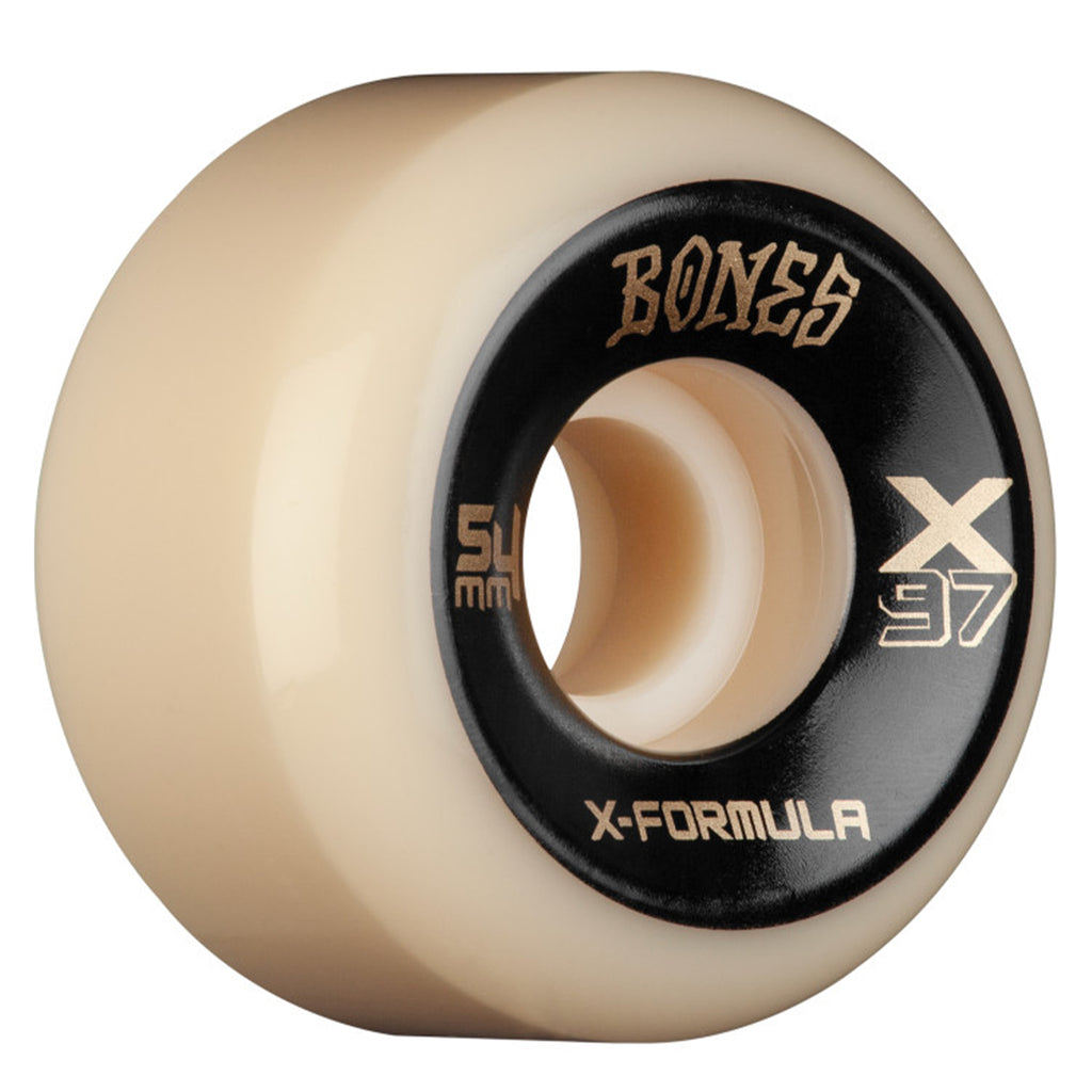 A white BONES skateboard wheel with black and gold lettering.