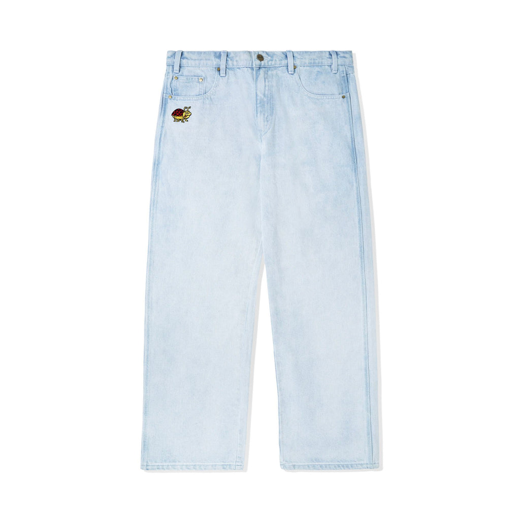 light denim baggy fit jeans with a lady bug embroidery on the right pocket