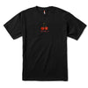 The COLOR BARS PLAYBOY CHERRY MARTINI TEE BLACK by COLOR BARS showcases a playful design of two red cherries with Japanese text beneath them, evoking the spirit of a cherry martini.