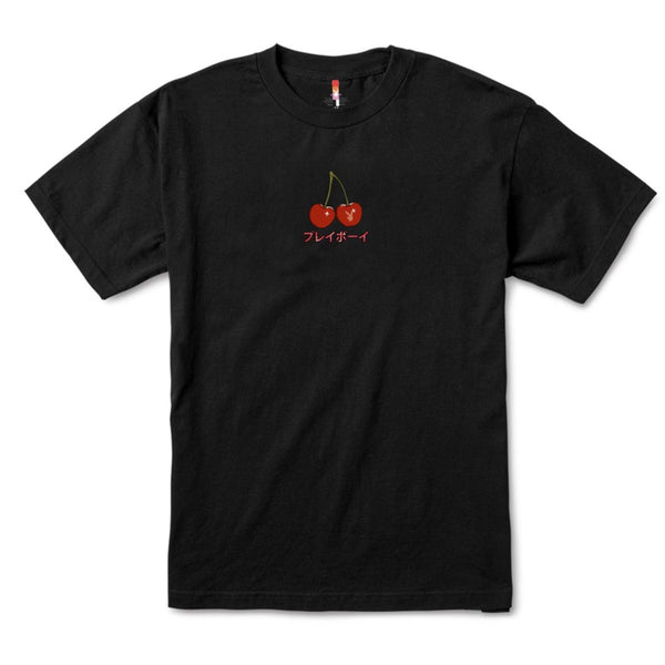 The COLOR BARS PLAYBOY CHERRY MARTINI TEE BLACK by COLOR BARS showcases a playful design of two red cherries with Japanese text beneath them, evoking the spirit of a cherry martini.