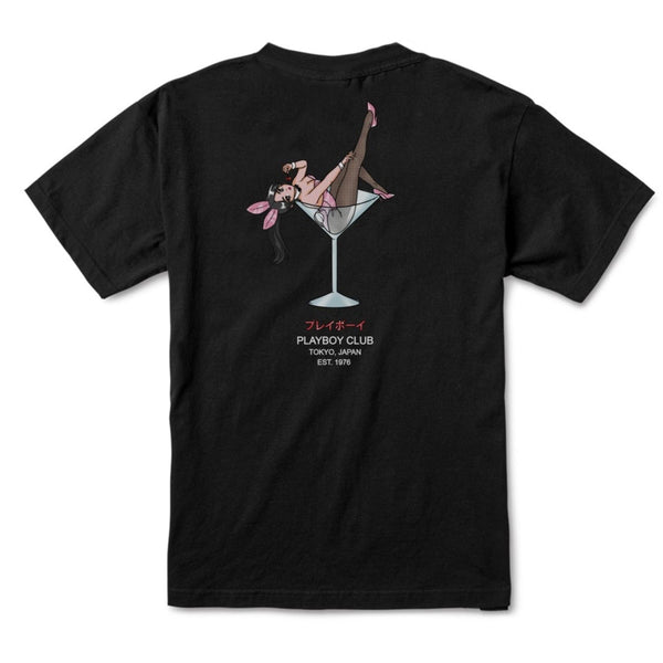 The COLOR BARS PLAYBOY CHERRY MARTINI TEE BLACK showcases an illustration of a woman in bunny ears lounging in a cherry martini glass. Text below reads "PLAYBOY CLUB, TOKYO JAPAN, EST. 1976" with Japanese characters above.