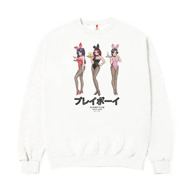The COLOR BARS PLAYBOY HAPPY HOUR CREWNECK WHITE by COLOR BARS features three animated characters in bunny outfits holding drinks, with Japanese text and "PLAYBOY" written below.