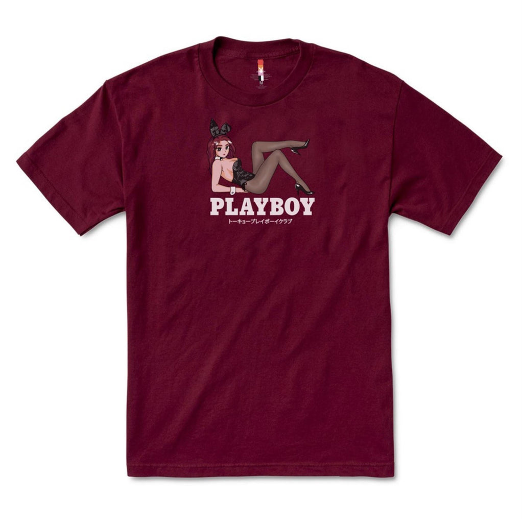 a maroon shirt with an image of a girl and the playboy logo