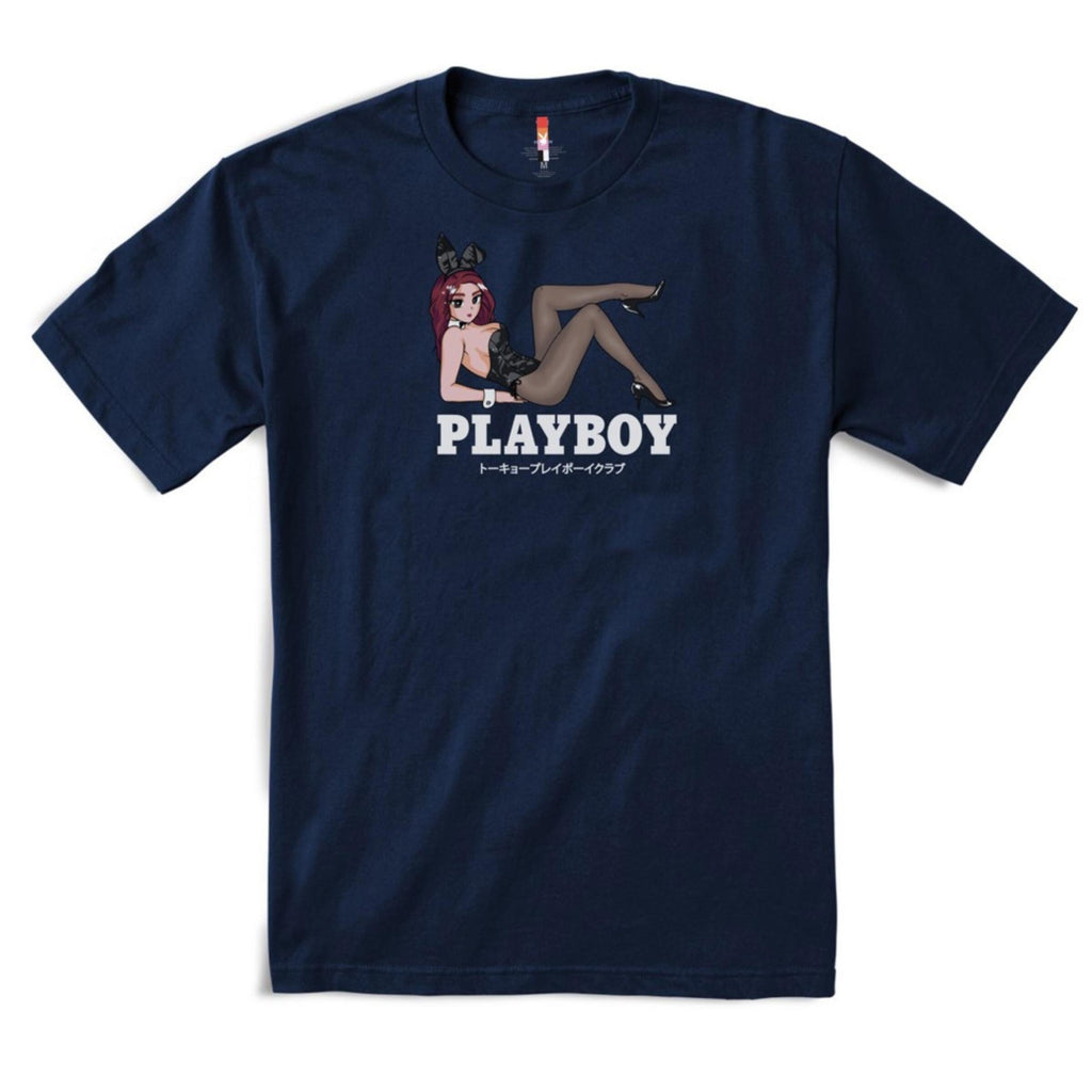 a navy shirt with an image of a female and the playboy logo