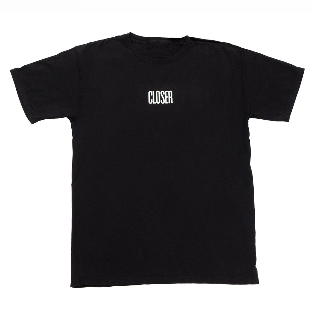 A CLOSER MAG TEE BLACK shirt by Closer brand with the word closer printed on it.
