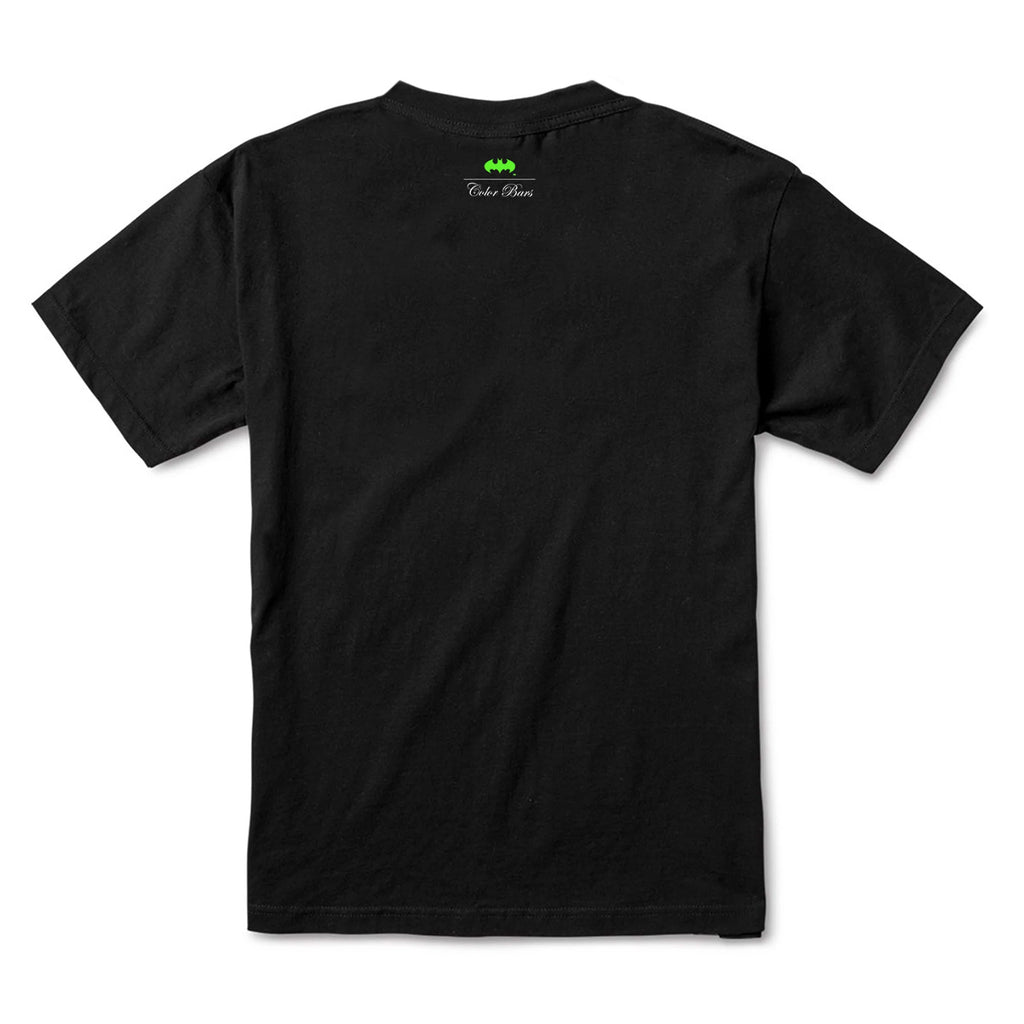 A COLOR BARS X DC COMICS SWAY WITH ME BLACK t-shirt with a green logo on the chest.