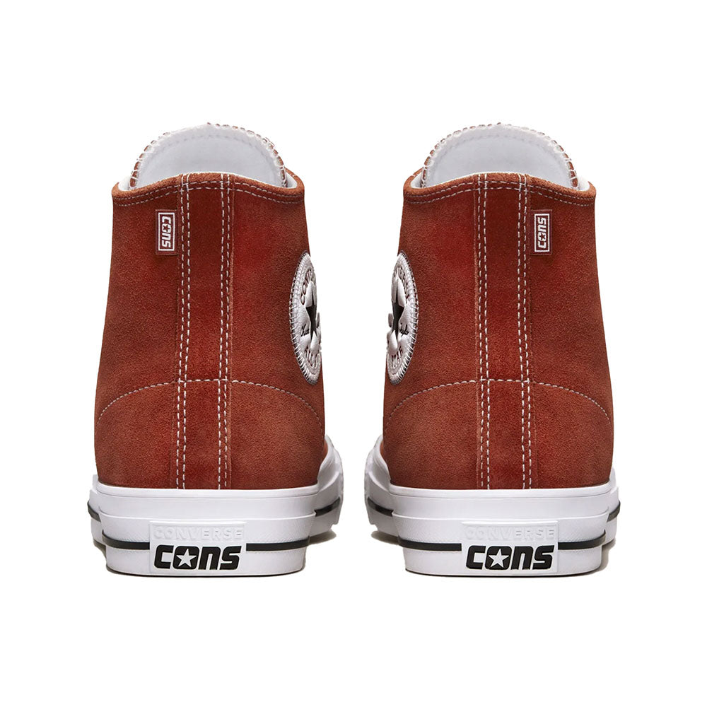 The CONVERSE CONS CHUCK TAYLOR ALL STAR PRO HI DARK TERRACOTTA/BLACK/WHITE is a classic skate shoe that features the timeless style of the Chuck Taylor All Star high top.