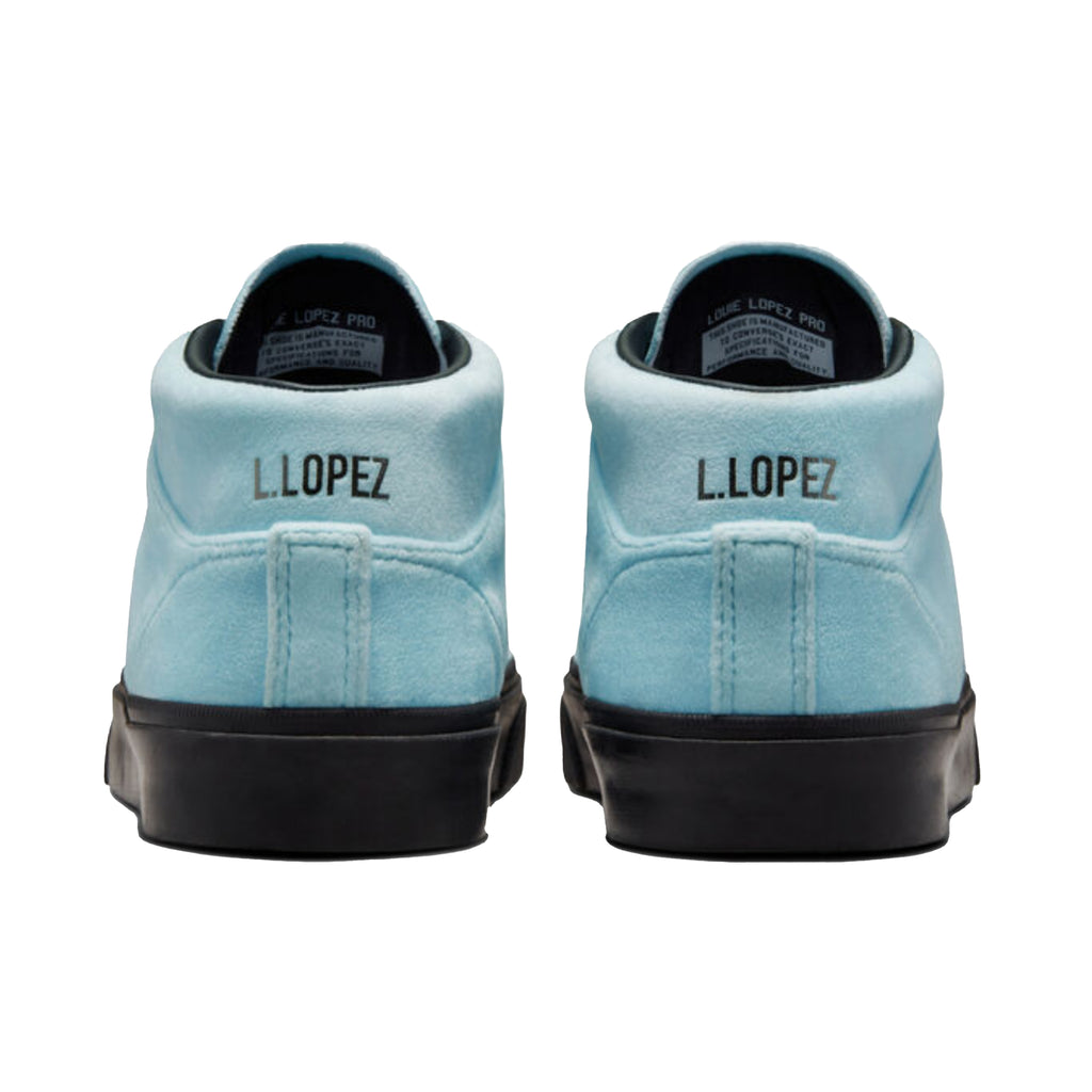 A pair of CONVERSE LOUIE LOPEZ X FA PRO MID CYAN TINT / BLACK sneakers with a black sole.