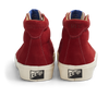 A pair of LAST RESORT AB VM001 HI SUEDE OLD RED/WHITE sneakers with a white logo on the side, featuring an old red/white design.