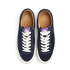 A pair of navy sued sneakers with purple laces, suitable for a LAST RESORT AB VM001 OLD BLUE/WHITE or a touch of Last Resort AB.
