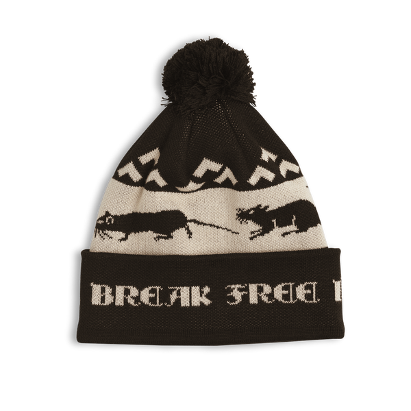A Last Resort AB Rat Race beanie in chocolate with a bear on it.