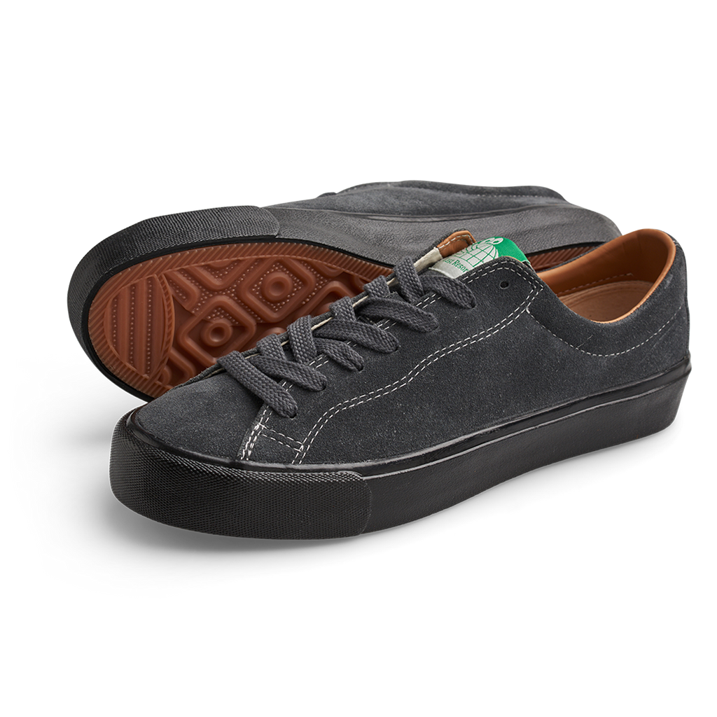 A pair of Last Resort AB VM003 Suede Lo Steel Grey/Black sneakers with brown soles.