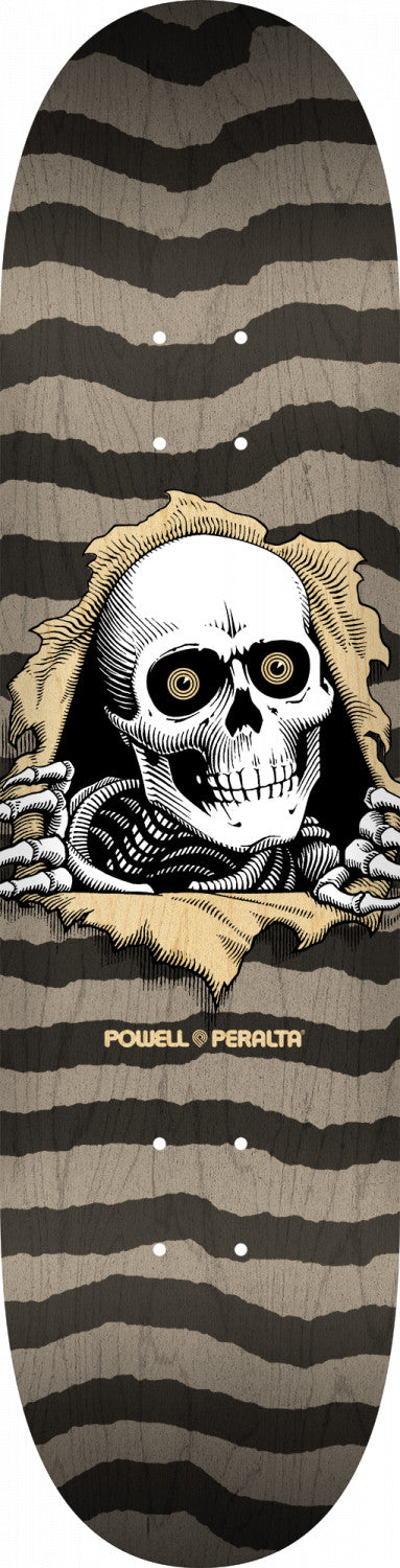 A POWELL PERALTA RIPPER NATURAL GREY skateboard deck with a skull on it, by Powell Peralta.