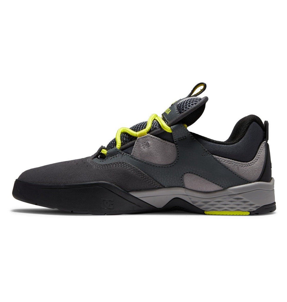 A DC KALIS GREY / BLACK / GREY sneaker with yellow laces.