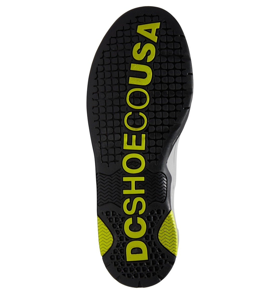 The back of a black DC KALIS GREY / BLACK / GREY shoe with the word dcshoeusa on it.