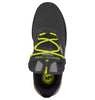 A grey and yellow shoe with yellow laces, inspired by the DC Kalis Grey / Black / Grey design by DC.