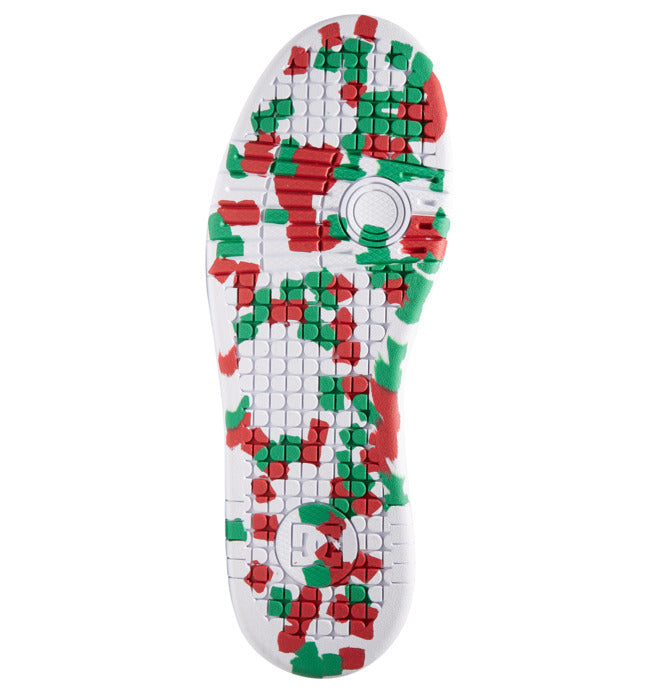the sole of a shoe with a red white and green design 