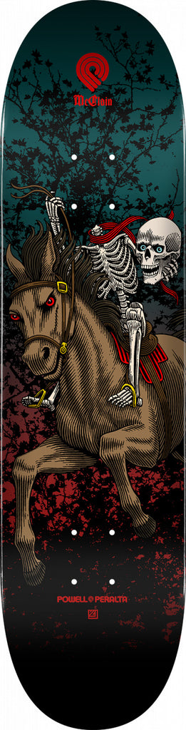 A POWELL PERALTA BRAD MCCLAIN HEADLESS skateboard with a 243 shape and an image of a skeleton riding a horse.
