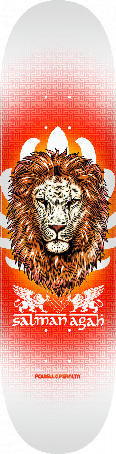 The POWELL PERALTA SALMAN AGAH LION 4 skateboard deck features an eye-catching image of a fierce lion, designed by legendary skater Salman Agah.